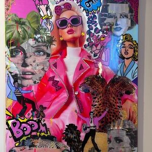 Colorful Mixed Media Art with Pink and Gold Highlights